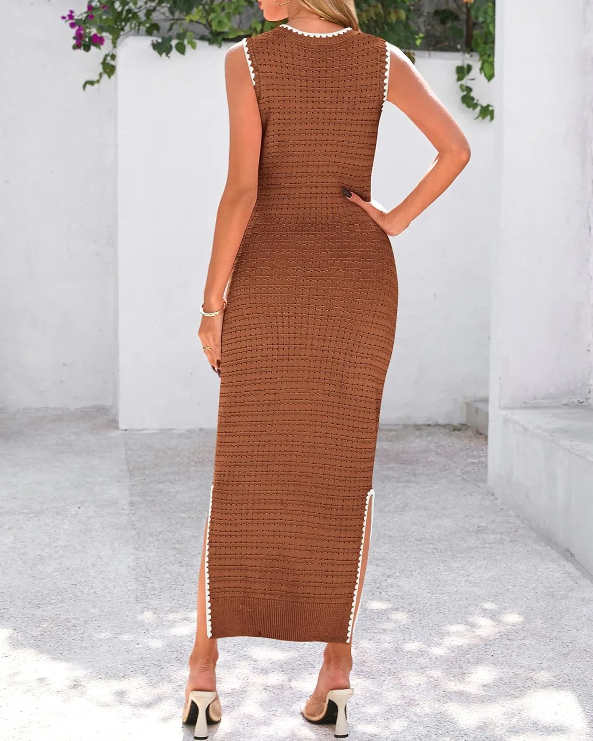 BTFBM Womens Knit Bodycon Midi Dress Casual Sleeveless See Through Cover Up Dresses Crew Neck Slit Tank Summer Dresses