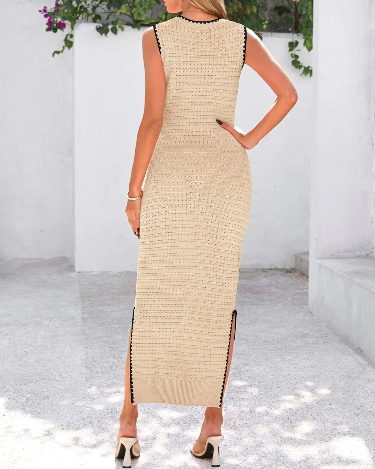 BTFBM Womens Knit Bodycon Midi Dress Casual Sleeveless See Through Cover Up Dresses Crew Neck Slit Tank Summer Dresses