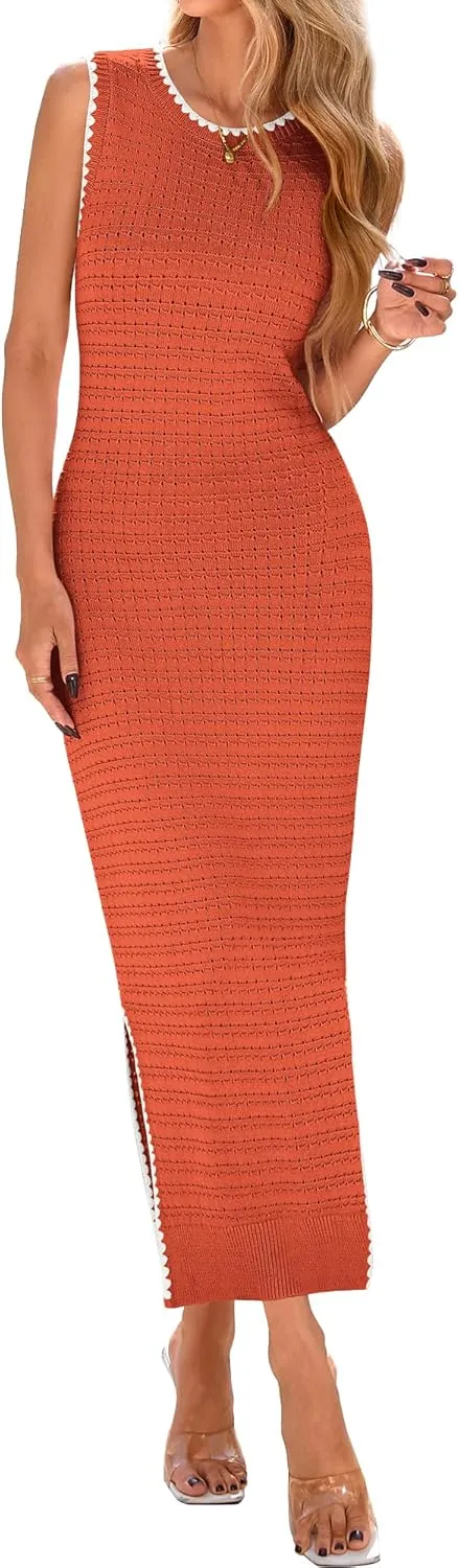 BTFBM Womens Knit Bodycon Midi Dress Casual Sleeveless See Through Cover Up Dresses Crew Neck Slit Tank Summer Dresses
