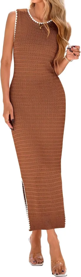 BTFBM Womens Knit Bodycon Midi Dress Casual Sleeveless See Through Cover Up Dresses Crew Neck Slit Tank Summer Dresses