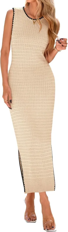BTFBM Womens Knit Bodycon Midi Dress Casual Sleeveless See Through Cover Up Dresses Crew Neck Slit Tank Summer Dresses