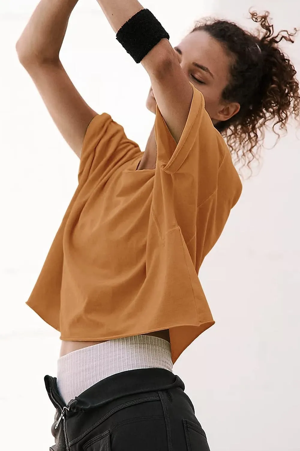 Carpetcom Oversized Workout Shirts for Women Short Sleeve Drop Shoulder Casual Crop Tops Baggy Gym Yoga Athletic Tee