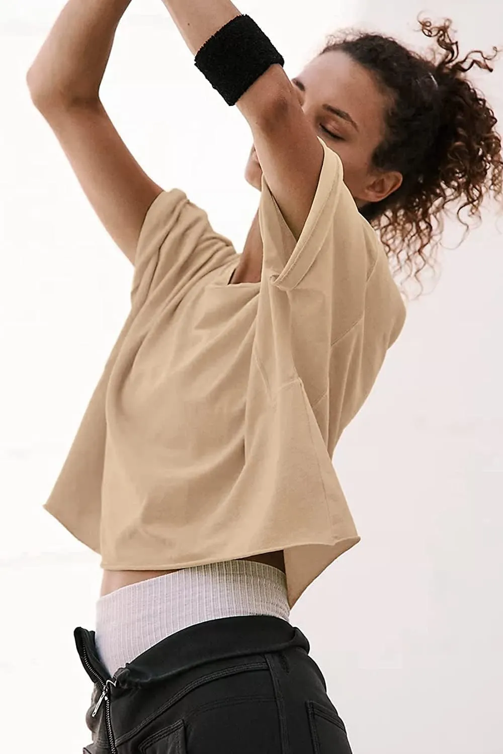 Carpetcom Oversized Workout Shirts for Women Short Sleeve Drop Shoulder Casual Crop Tops Baggy Gym Yoga Athletic Tee