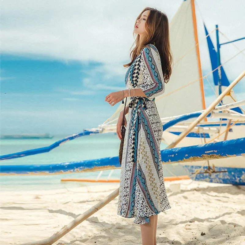 Chiffon Printed Long Sleeve Beach Dress #White #Blue
