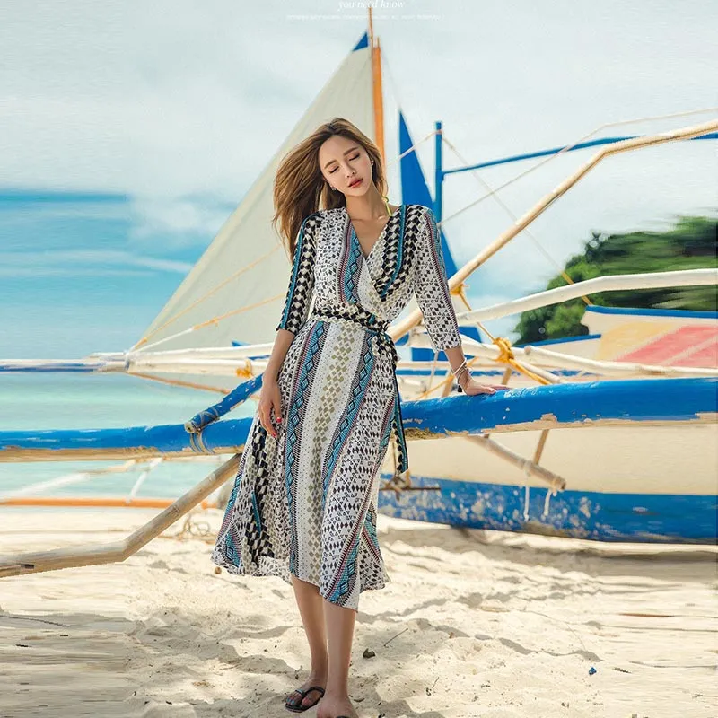 Chiffon Printed Long Sleeve Beach Dress #White #Blue