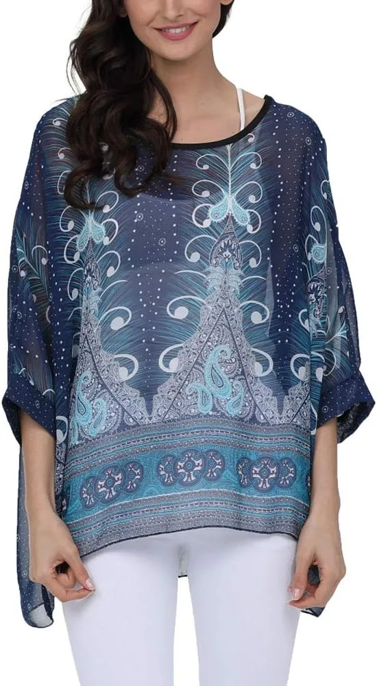 Ckikiou Plus Size Floral Chiffon Tunics Blouses for Women Batwing Summer Boho Shirts Beach Cover ups