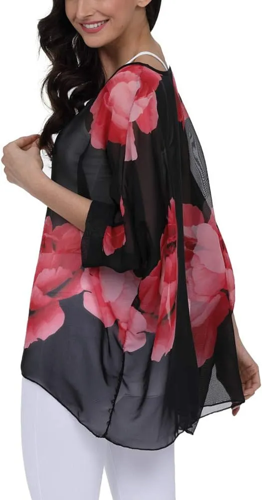 Ckikiou Plus Size Floral Chiffon Tunics Blouses for Women Batwing Summer Boho Shirts Beach Cover ups
