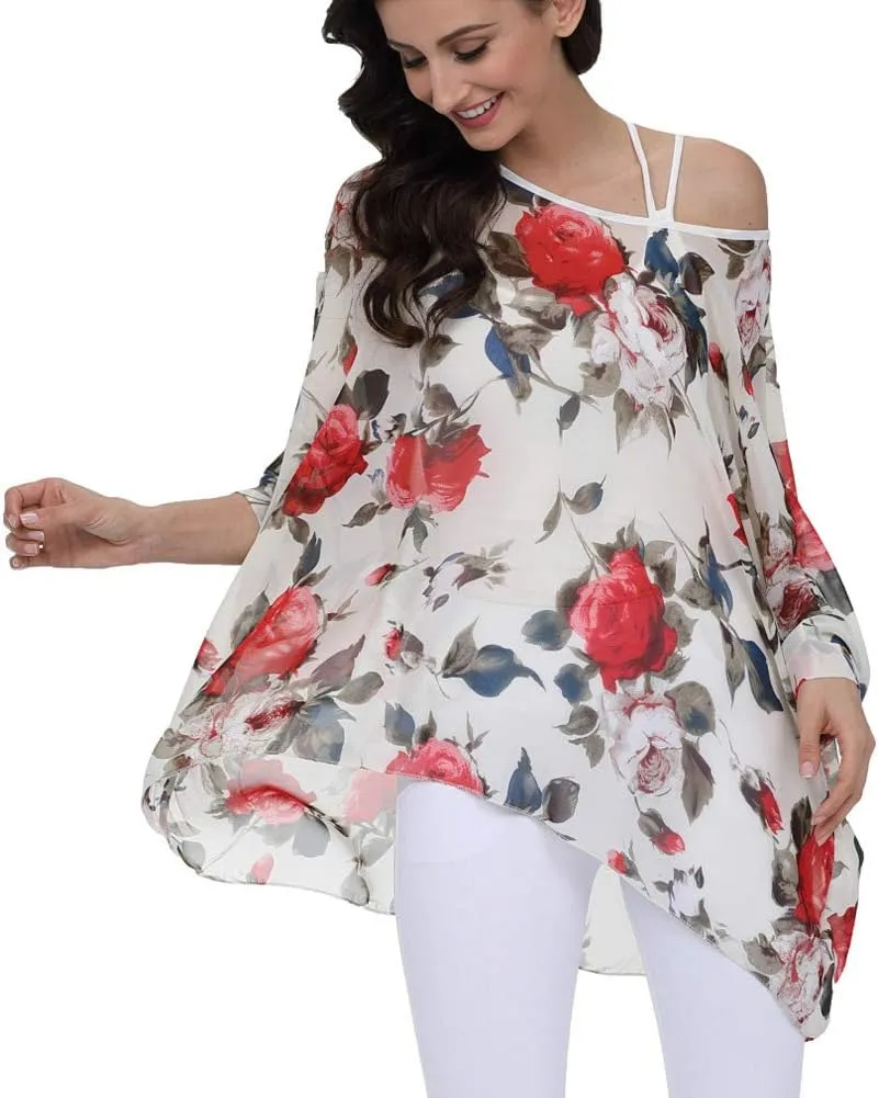 Ckikiou Plus Size Floral Chiffon Tunics Blouses for Women Batwing Summer Boho Shirts Beach Cover ups