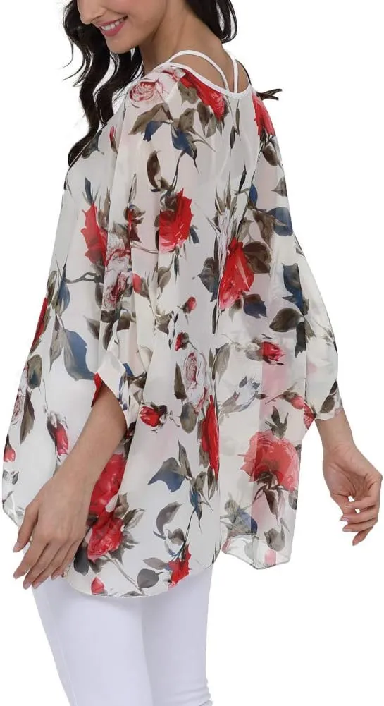 Ckikiou Plus Size Floral Chiffon Tunics Blouses for Women Batwing Summer Boho Shirts Beach Cover ups