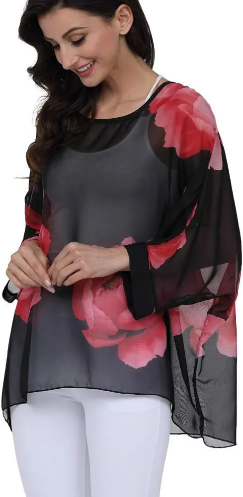 Ckikiou Plus Size Floral Chiffon Tunics Blouses for Women Batwing Summer Boho Shirts Beach Cover ups