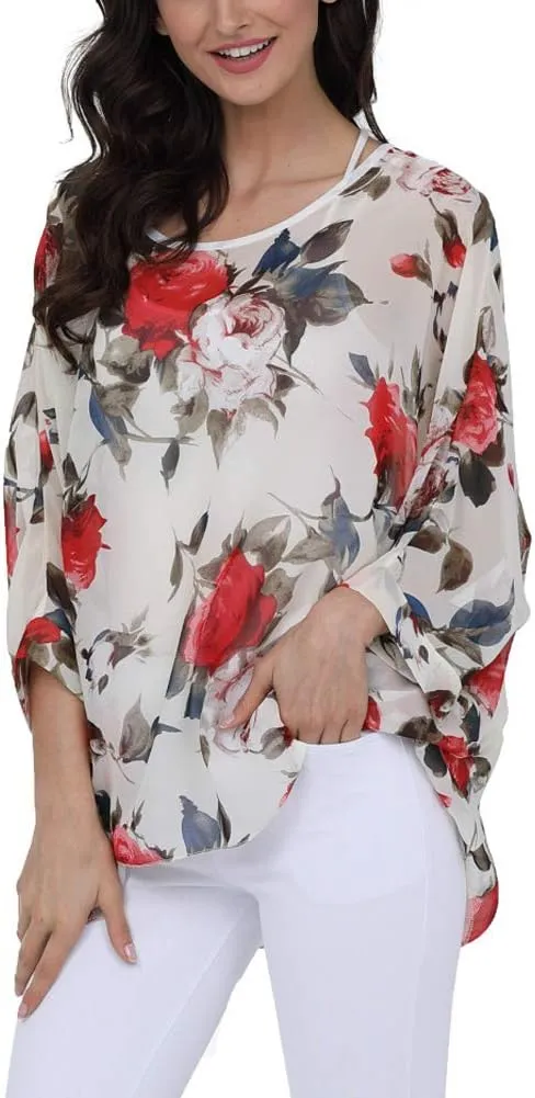 Ckikiou Plus Size Floral Chiffon Tunics Blouses for Women Batwing Summer Boho Shirts Beach Cover ups