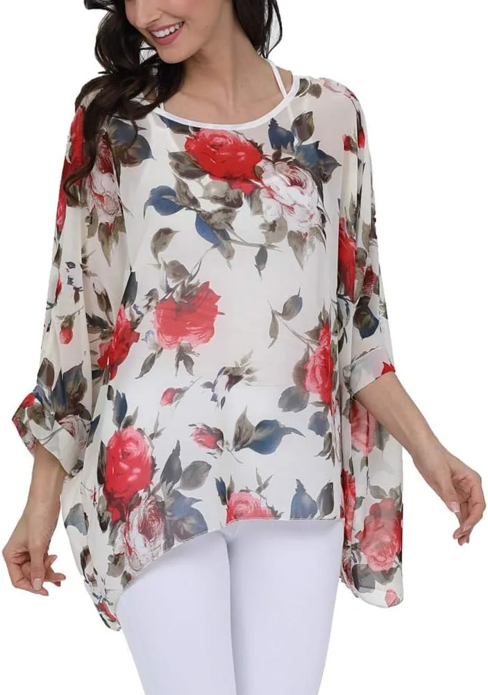 Ckikiou Plus Size Floral Chiffon Tunics Blouses for Women Batwing Summer Boho Shirts Beach Cover ups
