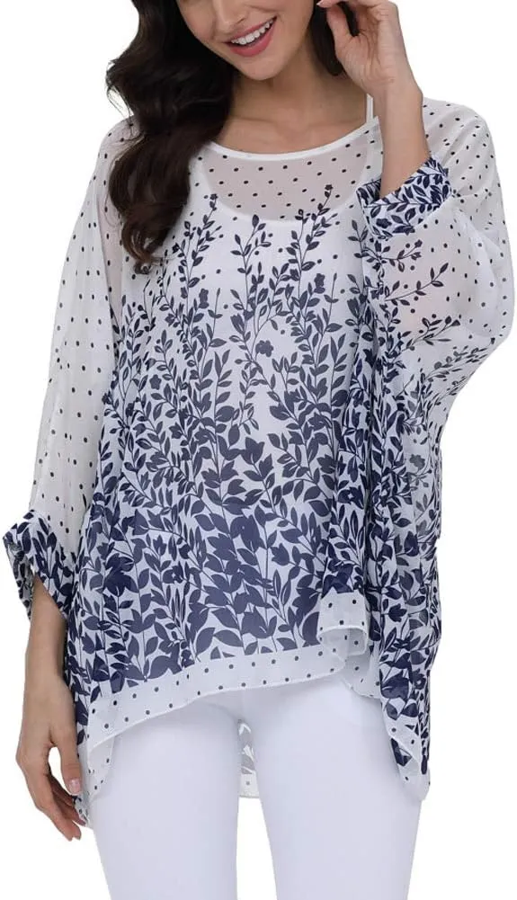 Ckikiou Plus Size Floral Chiffon Tunics Blouses for Women Batwing Summer Boho Shirts Beach Cover ups