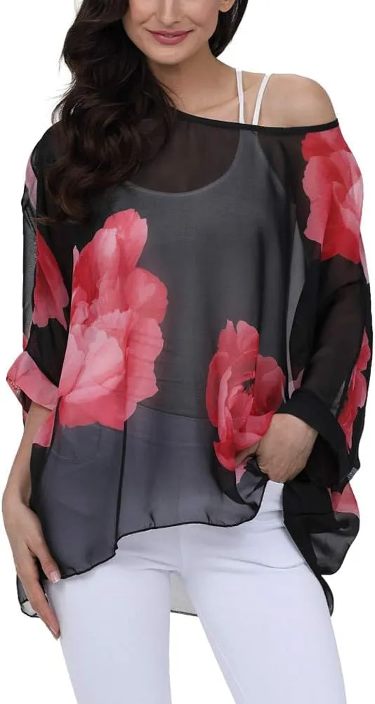 Ckikiou Plus Size Floral Chiffon Tunics Blouses for Women Batwing Summer Boho Shirts Beach Cover ups