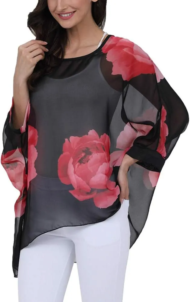 Ckikiou Plus Size Floral Chiffon Tunics Blouses for Women Batwing Summer Boho Shirts Beach Cover ups