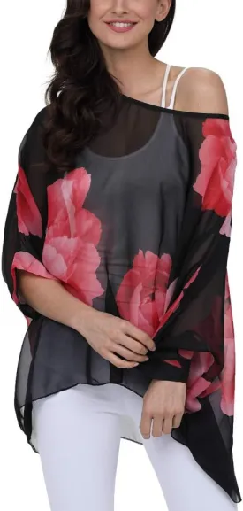 Ckikiou Plus Size Floral Chiffon Tunics Blouses for Women Batwing Summer Boho Shirts Beach Cover ups
