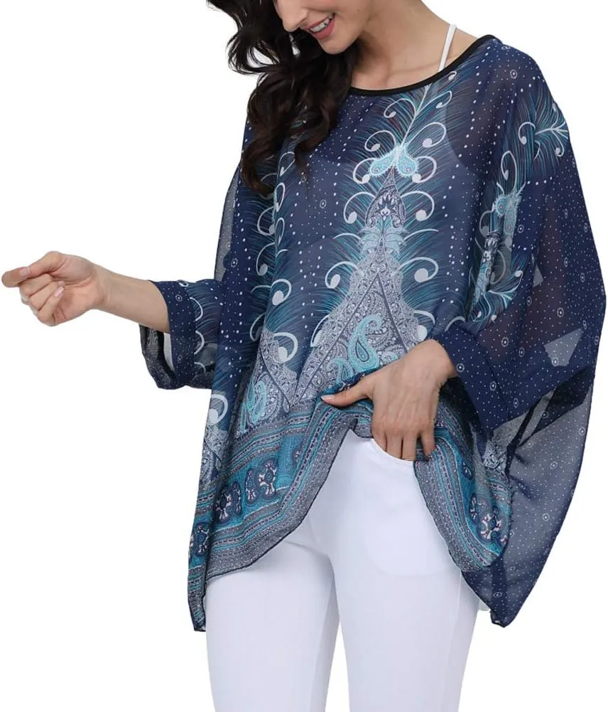 Ckikiou Plus Size Floral Chiffon Tunics Blouses for Women Batwing Summer Boho Shirts Beach Cover ups
