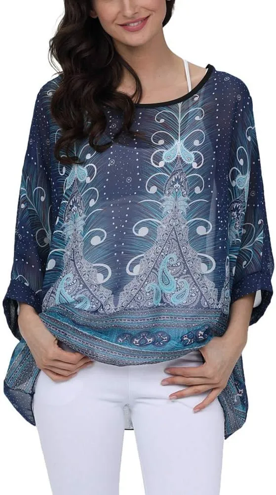Ckikiou Plus Size Floral Chiffon Tunics Blouses for Women Batwing Summer Boho Shirts Beach Cover ups