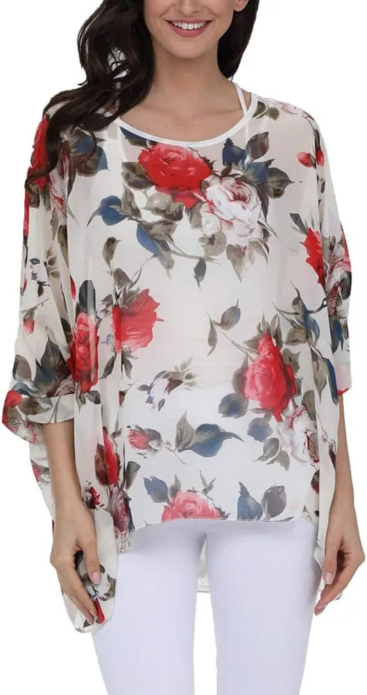Ckikiou Plus Size Floral Chiffon Tunics Blouses for Women Batwing Summer Boho Shirts Beach Cover ups