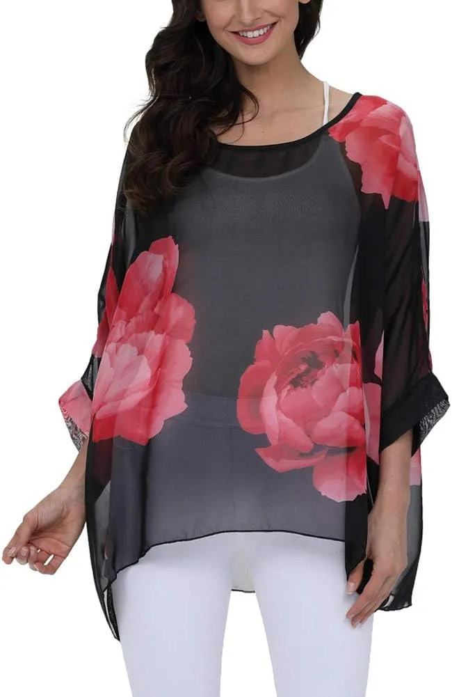 Ckikiou Plus Size Floral Chiffon Tunics Blouses for Women Batwing Summer Boho Shirts Beach Cover ups
