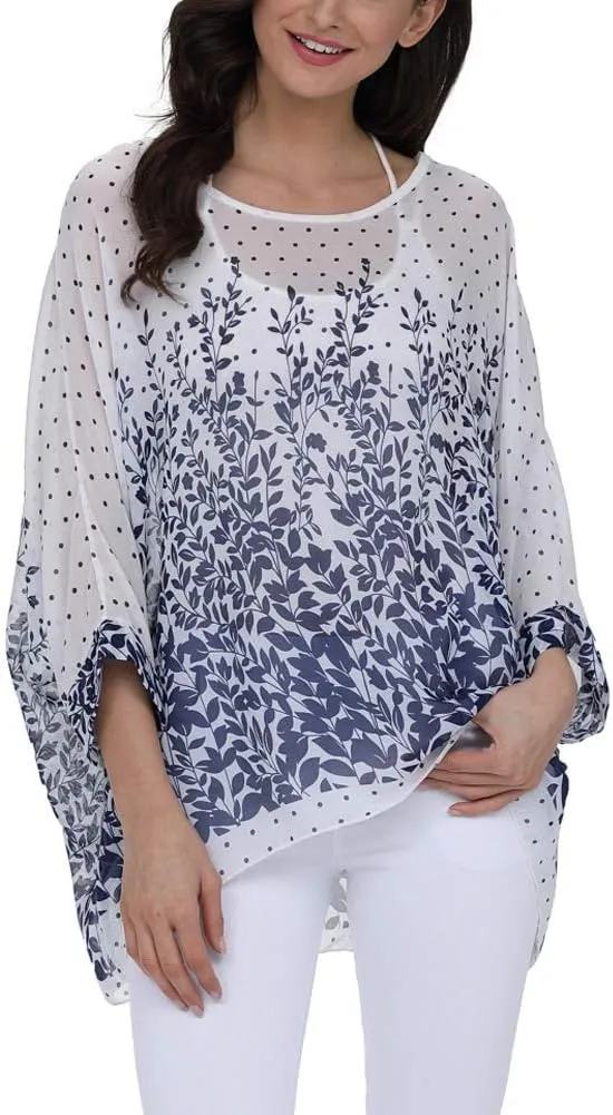 Ckikiou Plus Size Floral Chiffon Tunics Blouses for Women Batwing Summer Boho Shirts Beach Cover ups