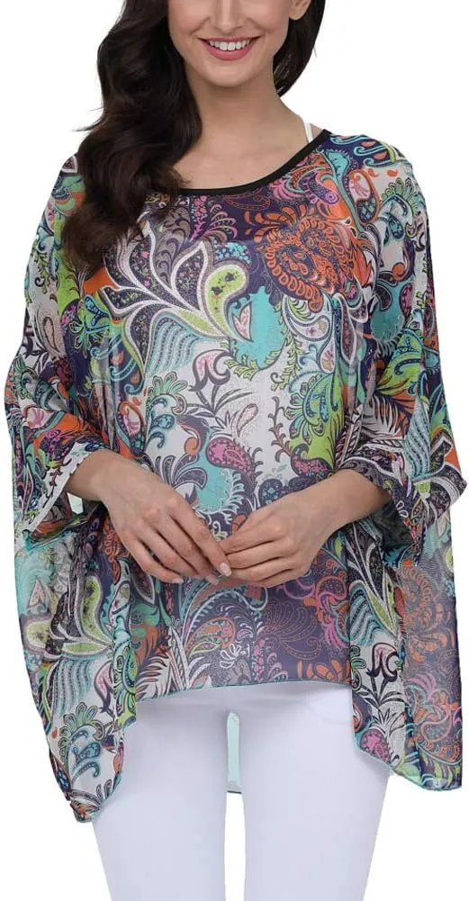 Ckikiou Plus Size Floral Chiffon Tunics Blouses for Women Batwing Summer Boho Shirts Beach Cover ups