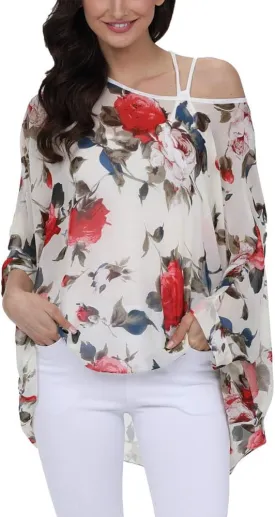 Ckikiou Plus Size Floral Chiffon Tunics Blouses for Women Batwing Summer Boho Shirts Beach Cover ups
