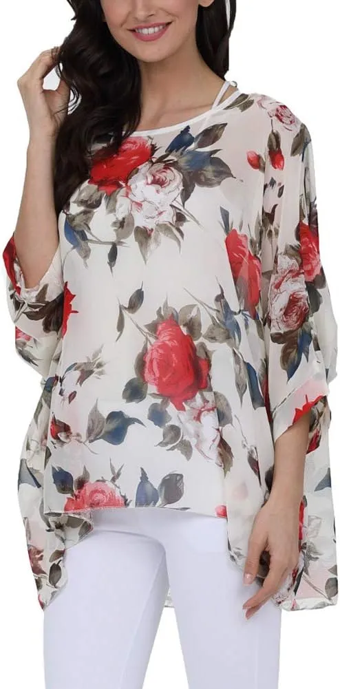 Ckikiou Plus Size Floral Chiffon Tunics Blouses for Women Batwing Summer Boho Shirts Beach Cover ups