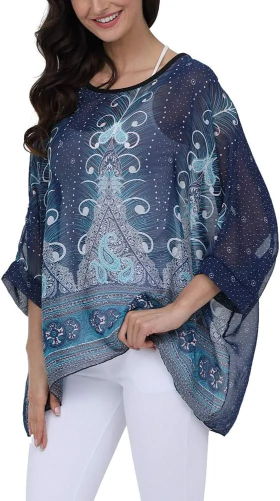 Ckikiou Plus Size Floral Chiffon Tunics Blouses for Women Batwing Summer Boho Shirts Beach Cover ups