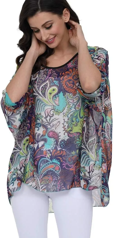 Ckikiou Plus Size Floral Chiffon Tunics Blouses for Women Batwing Summer Boho Shirts Beach Cover ups