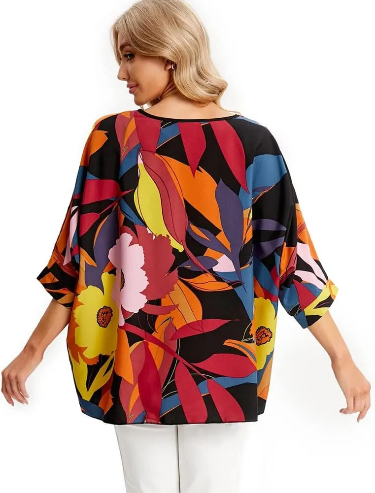 Ckikiou Womens Batwing Loose Chiffon Summer Blouse Tunic Floral Printed Boho Beach Cover ups