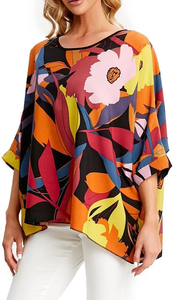 Ckikiou Womens Batwing Loose Chiffon Summer Blouse Tunic Floral Printed Boho Beach Cover ups