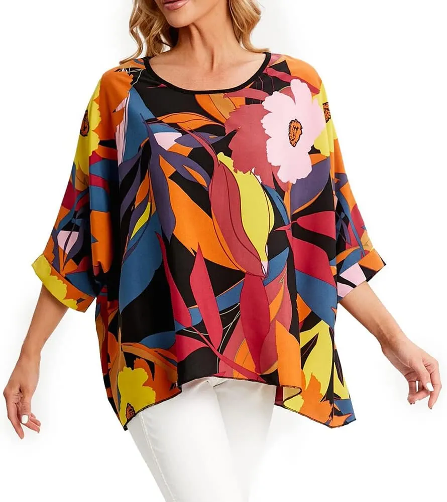 Ckikiou Womens Batwing Loose Chiffon Summer Blouse Tunic Floral Printed Boho Beach Cover ups