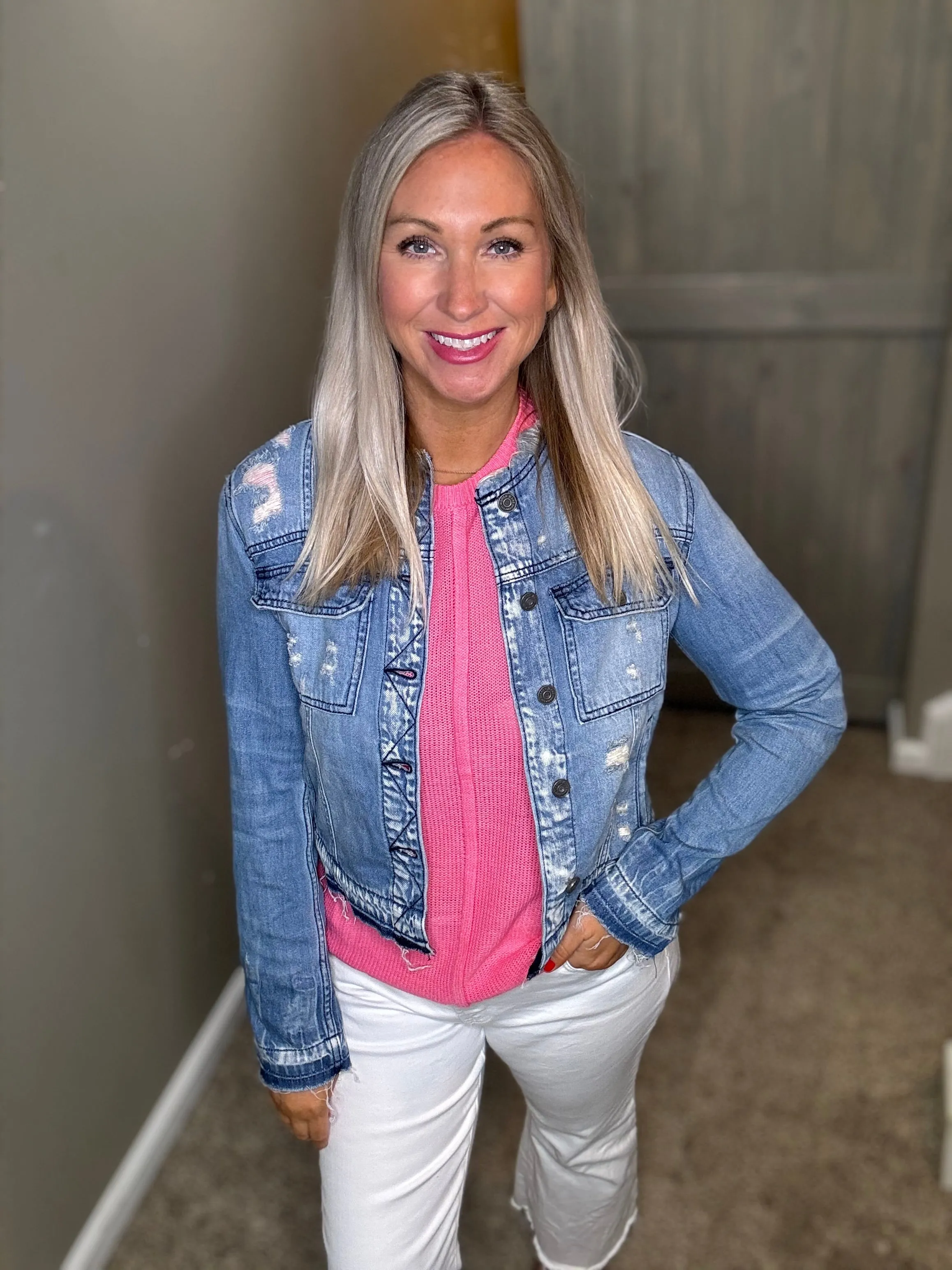 Collarless Distressed Denim Jacket