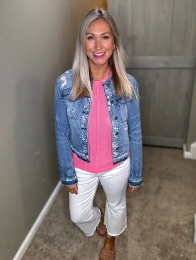 Collarless Distressed Denim Jacket