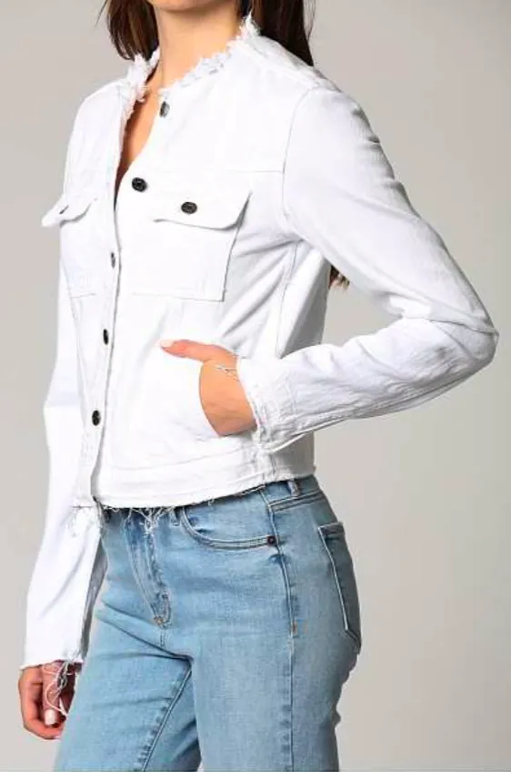 Collarless White Denim Jacket