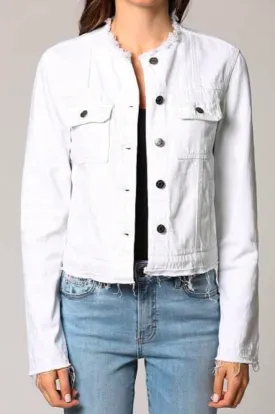 Collarless White Denim Jacket