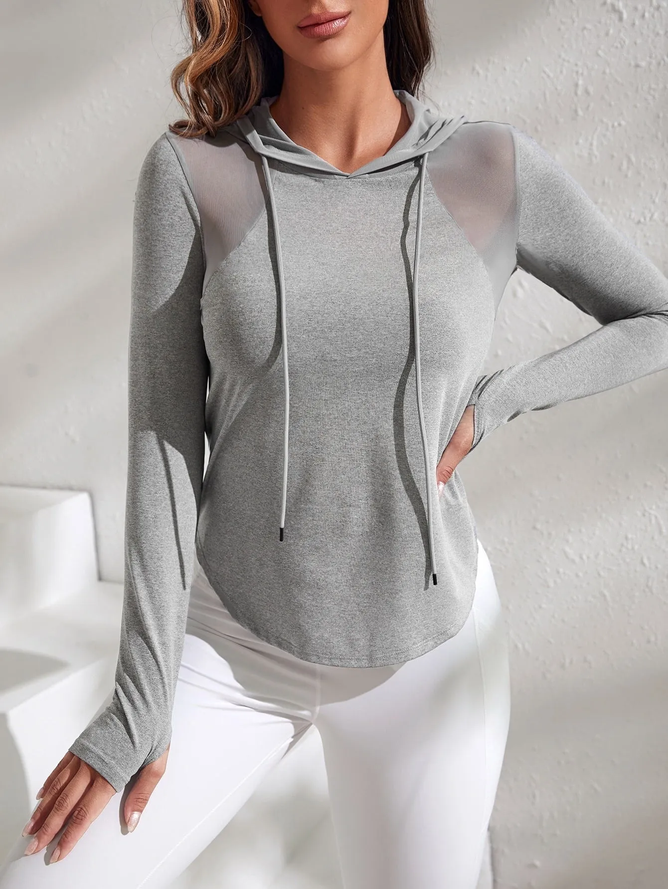 Contrast Mesh Curved Hem Sports Drawstring Hoodie FW22