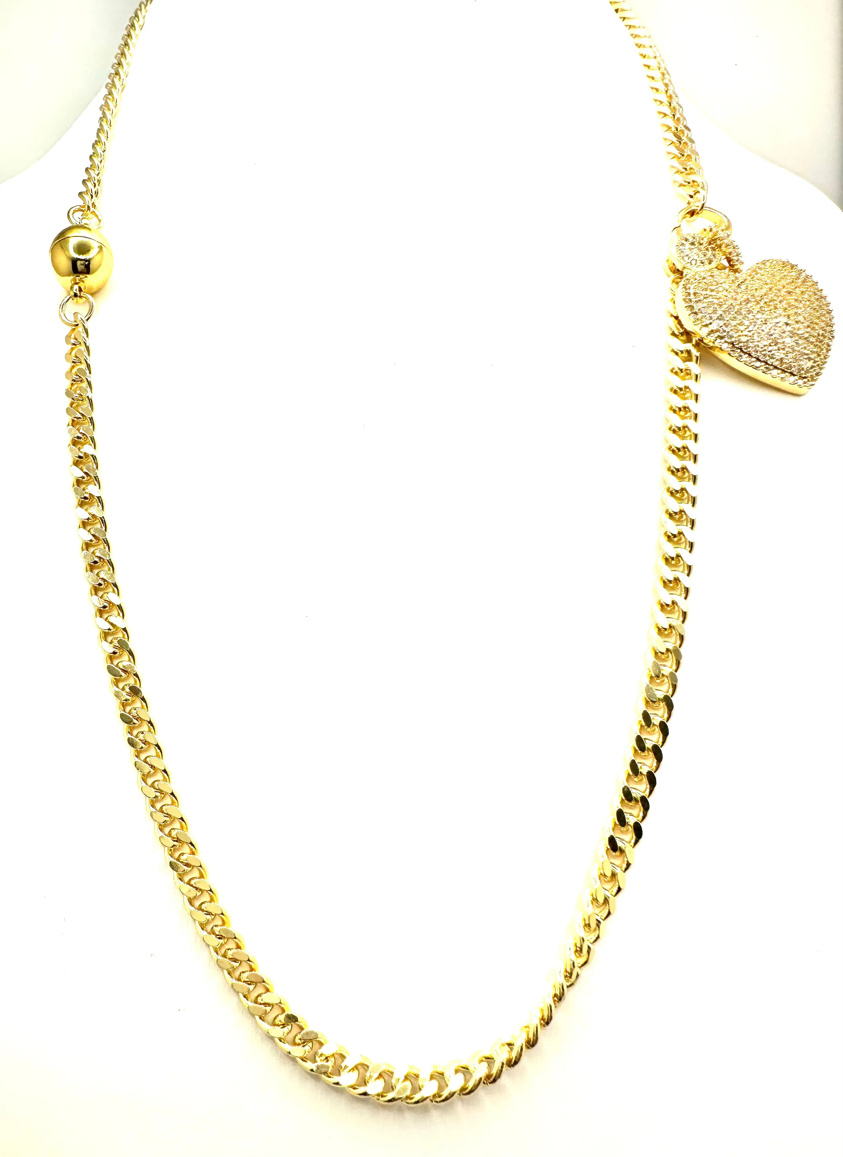 Cuban Chain and CZ Heart Necklace