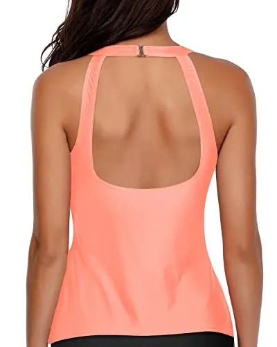 Deep Open Back Tankini Top With Neck Hook Closure For Women-Coral Pink