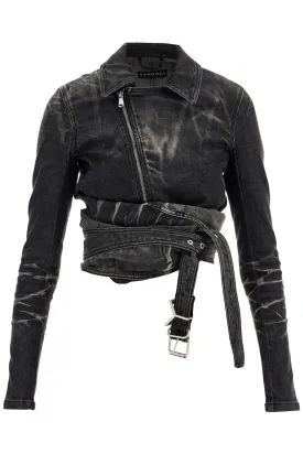 denim jacket with criss-cross belt 107JA002 D18 FADED BLACK