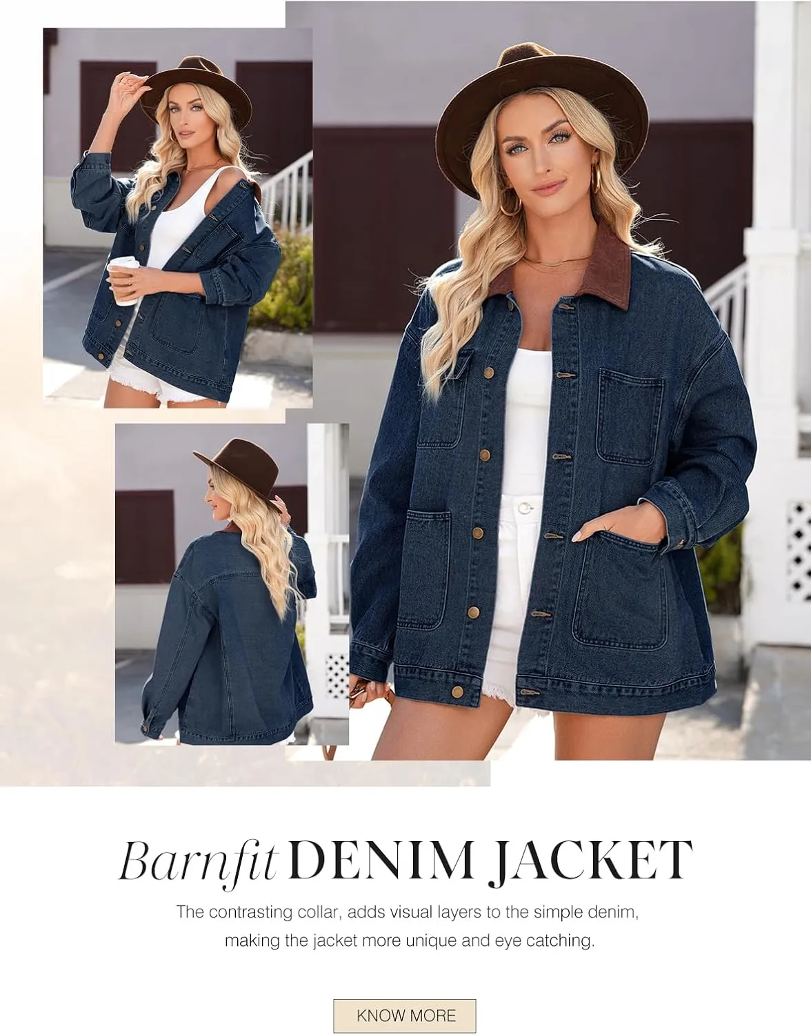 Dokotoo Women's Denim Jacket Oversized Contrast Collar Jean Jackets 2025 Spring Outfits Vintage Long Sleeve Shirts