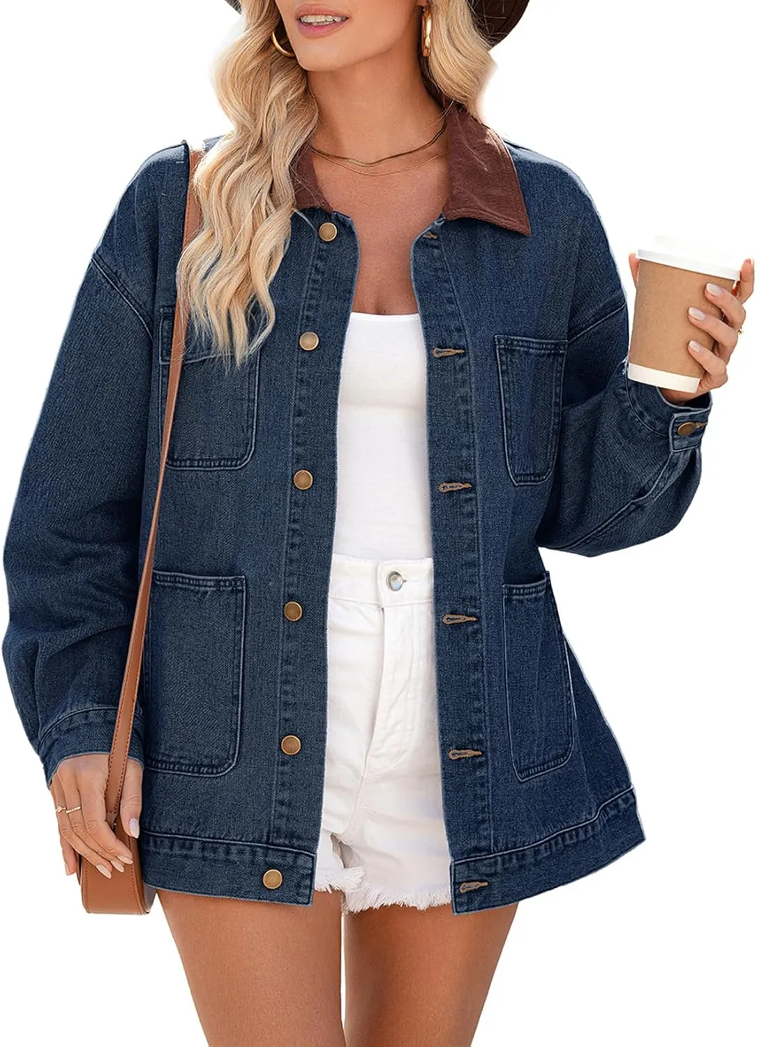 Dokotoo Women's Denim Jacket Oversized Contrast Collar Jean Jackets 2025 Spring Outfits Vintage Long Sleeve Shirts