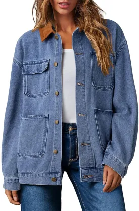 Dokotoo Women's Denim Jacket Oversized Contrast Collar Jean Jackets 2025 Spring Outfits Vintage Long Sleeve Shirts