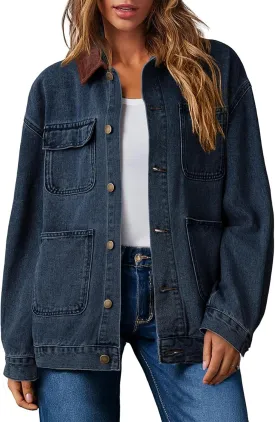 Dokotoo Women's Denim Jacket Oversized Contrast Collar Jean Jackets 2025 Spring Outfits Vintage Long Sleeve Shirts