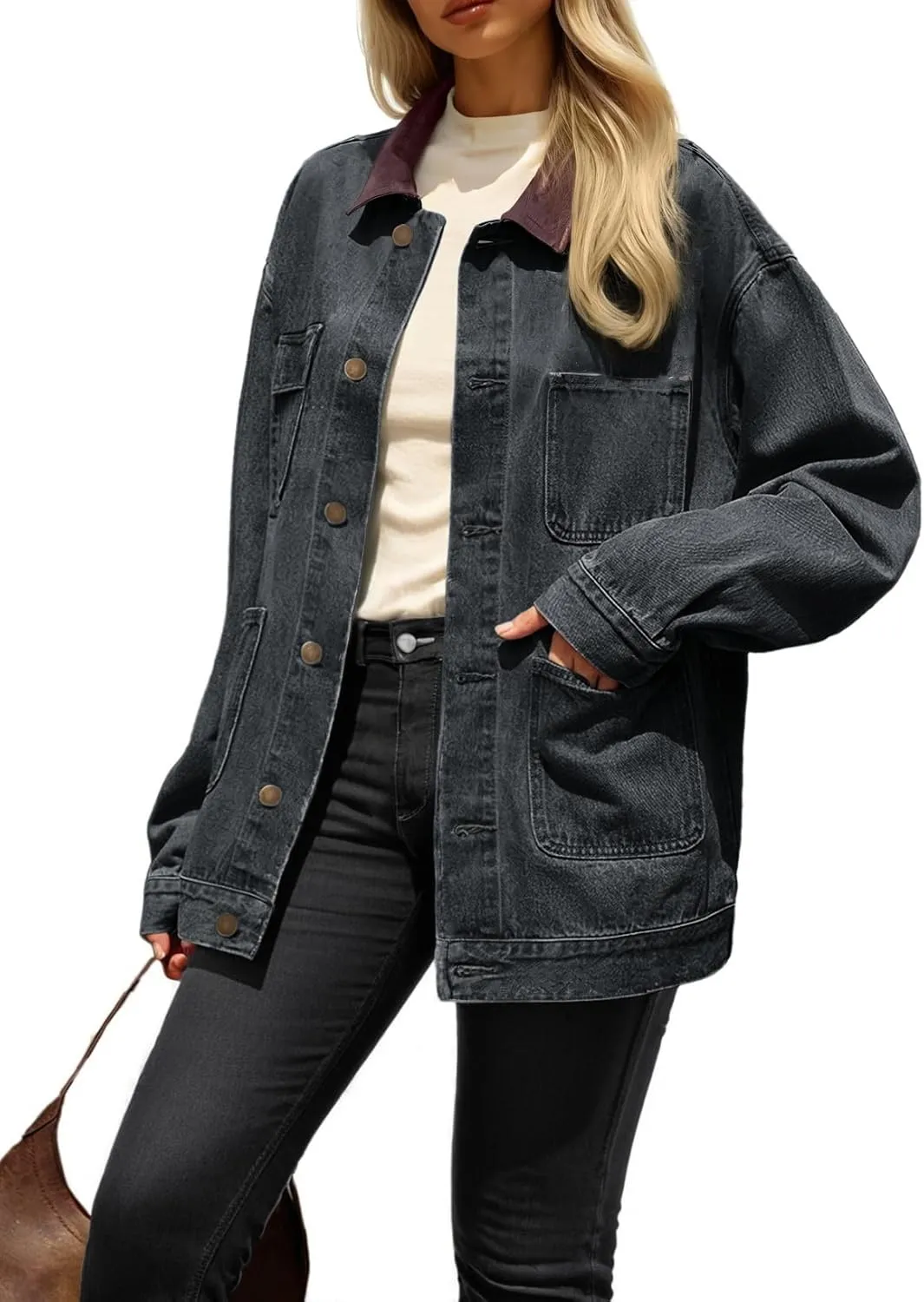 Dokotoo Women's Denim Jacket Oversized Contrast Collar Jean Jackets 2025 Spring Outfits Vintage Long Sleeve Shirts