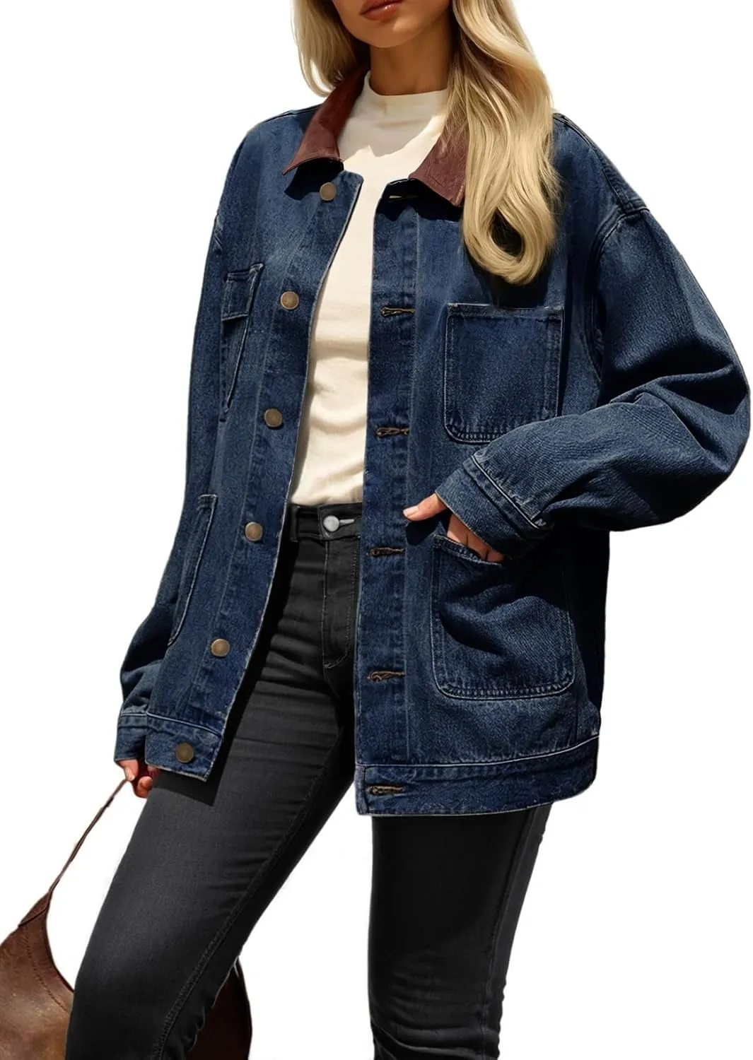 Dokotoo Women's Denim Jacket Oversized Contrast Collar Jean Jackets 2025 Spring Outfits Vintage Long Sleeve Shirts