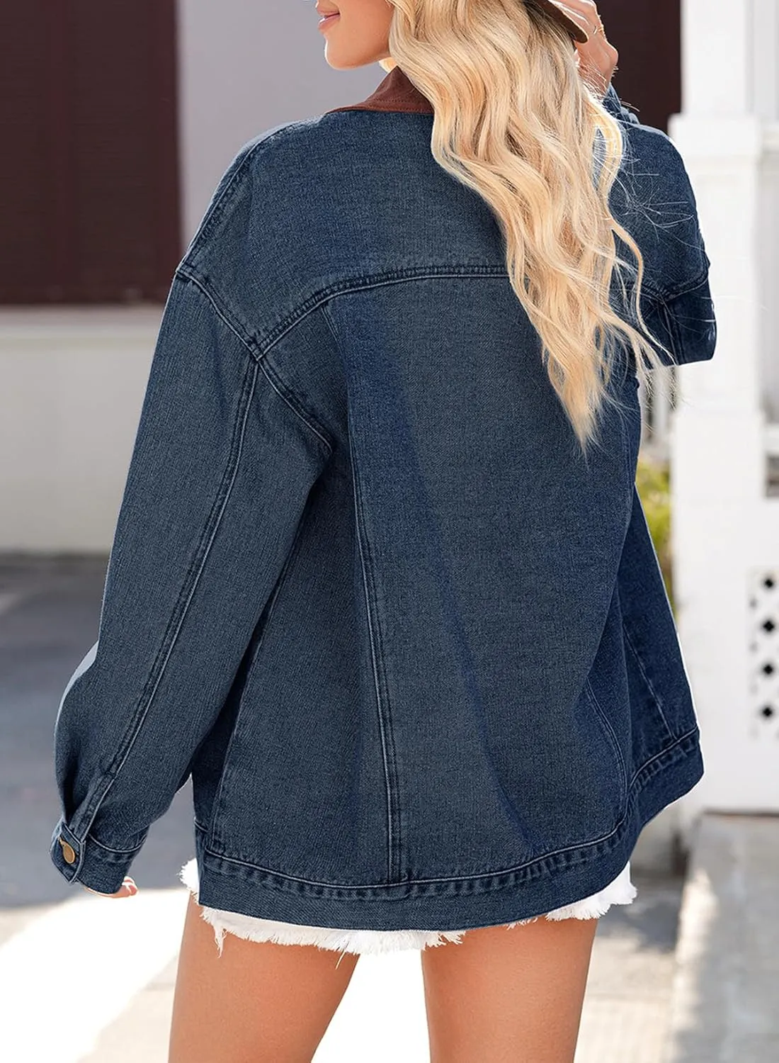 Dokotoo Women's Denim Jacket Oversized Contrast Collar Jean Jackets 2025 Spring Outfits Vintage Long Sleeve Shirts