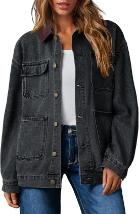 Dokotoo Women's Denim Jacket Oversized Contrast Collar Jean Jackets 2025 Spring Outfits Vintage Long Sleeve Shirts