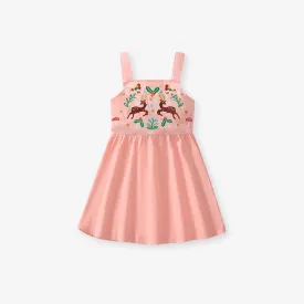 Embroidered Deer Suspender Summer Dress